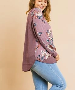 Umgee Floral Print Long Puff Sleeve Top Ladies
